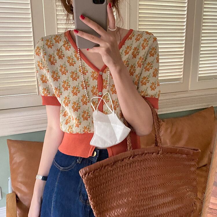 ショートカーディガントップス サマー薄手スリムVネック半袖スリーブセーター ハーフスリーブ 夏物 ビッグFスモールZ韓国79755869468