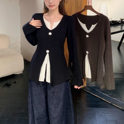 2色／フロントスリットレイヤードニットトップス ・74631