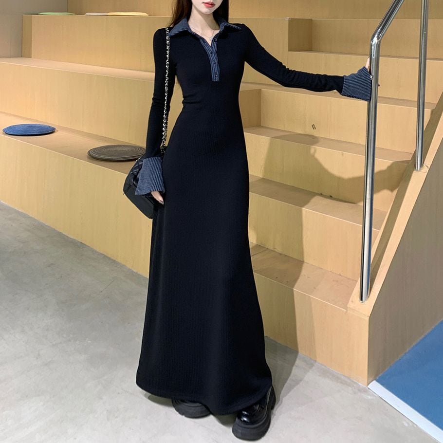 パールライン ニットワンピース スリム ロング 長袖 全6色 韓国 襟付き ニットワンピース スリムフィット ロングワンピース