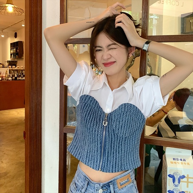 フェイクレイヤード 半袖 シャツ デニム ビスチェ キャミソール バルーンスリーブ 重ね着風 レディース 取寄 発送目安14 21日営業日 Laff Store 会社情報 納期の確認をお願いします