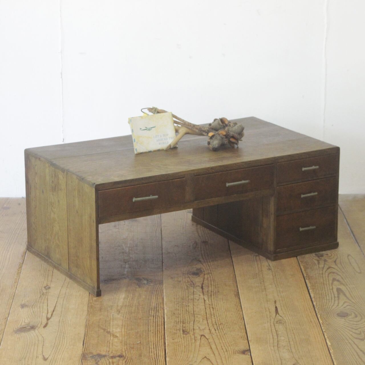 レトロ 文机 ローテーブル 座卓 オーク材 楢材 引き出し 抽斗 5杯 花台 展示台 ヴィンテージ/PFK09038