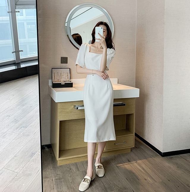 ワンピース レディース  ミモレ丈 5分袖 パフスリーブ スクエアネック スリム 細身 ウエストマーク フィット＆フレア きれいめ シンプル 大人 上品 大人女子 セクシー 無地  ビジネス OL 通勤 デート お出かけ 韓国 ファッション トレンド