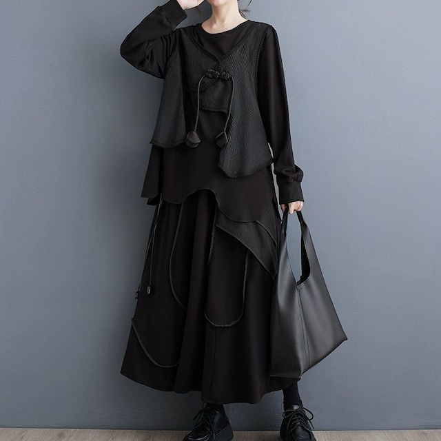 BLACK FAKE-2-PIECE ROUND NECK PULLOVER & DESIGN LONG SKIRT SET 2pieces 1color M-8563