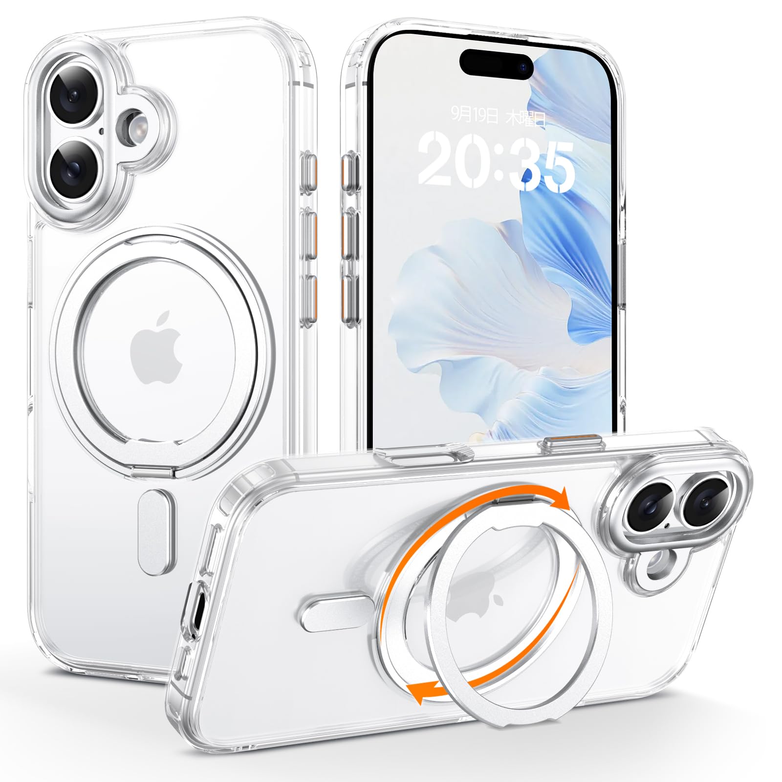 【透き通る上質感】GaoBao iPhone 17 用 ケース Magsafe対応 ワイヤレス充電 360°回転スタンド 衝撃吸収 軽量 ストラップホール付き 耐久性 あいふおん 17 ケース 角保護強化 指紋防止 透明 黄変抑制 いphone17 カバー スタンド付き クリア