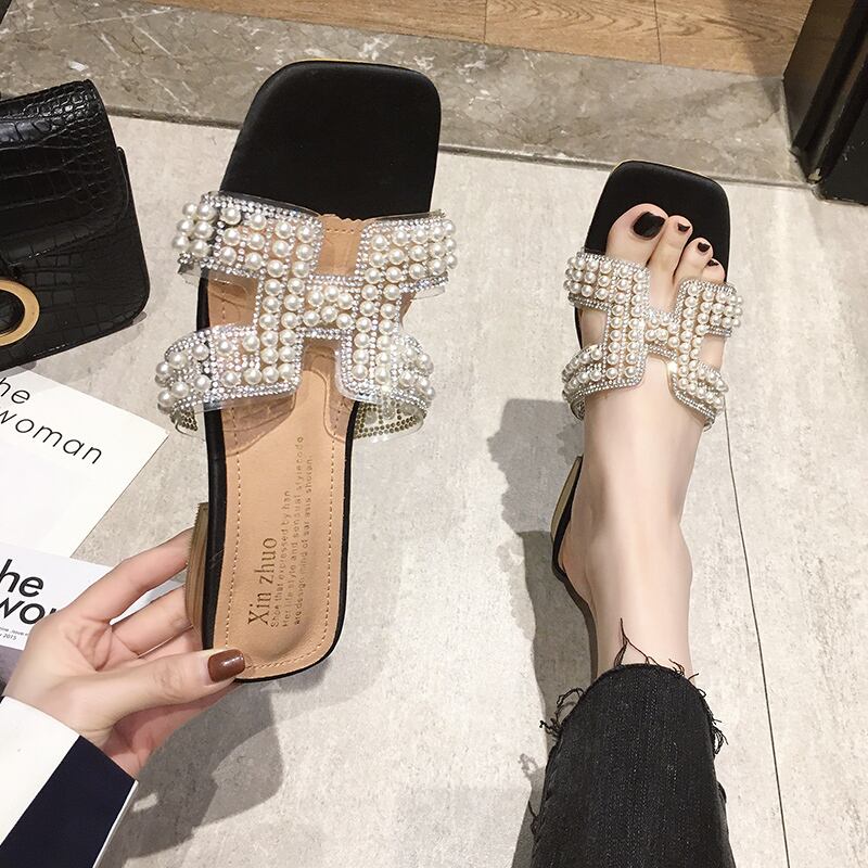 スリッパ女性は2020新しいファッションワイルドケア靴女性夏平底真珠オープンつま先ノンスリップワードドラッグを着用します。 部族の婦人靴2023306