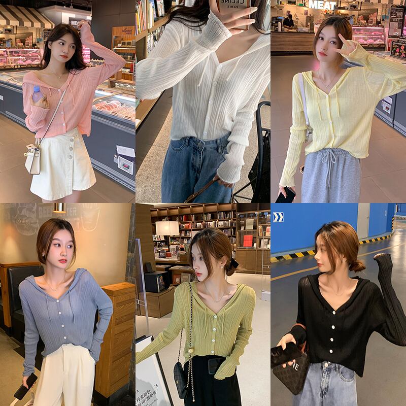 フードニットカーディガンサマースタイル薄手ブラウス ジャケット ロング 夏物 6Du_Shop_Women46802960045