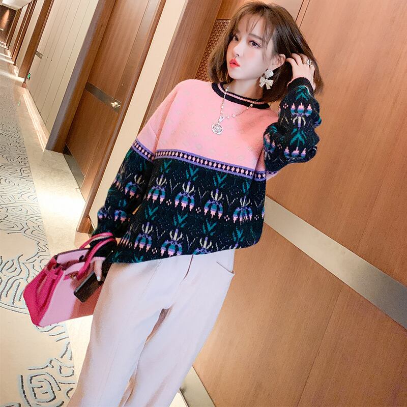 パターンラウンドネックルーズニットセーター ウィンター 冬物 Oネック MIUCO68248454714