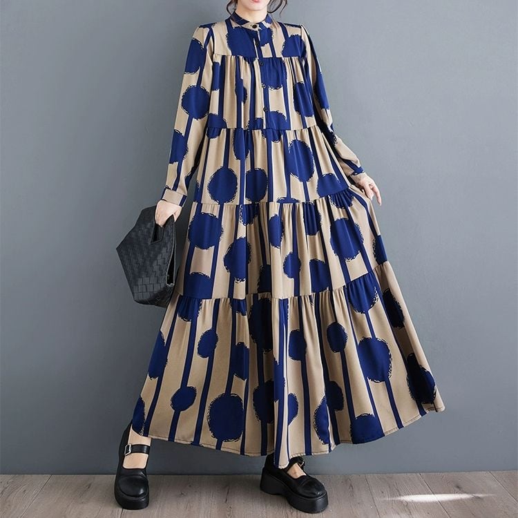 PRINT STAND COLLAR LONG SLEEVES A-LINE LONG SHIRT DRESS 2colors M-8966