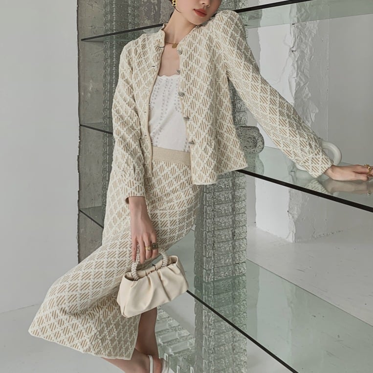 ダイヤ柄 パフスリーブトップス&タイトスカート セットアップ  00087