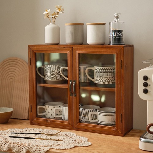 卓上キャビネット 木製 卓上収納ケース デスク収納 アンティーク調 オフィス収納 机上収納 雑貨収納 小物入れ 家庭用 台所収納 収納キャビネット 安定性 ２層