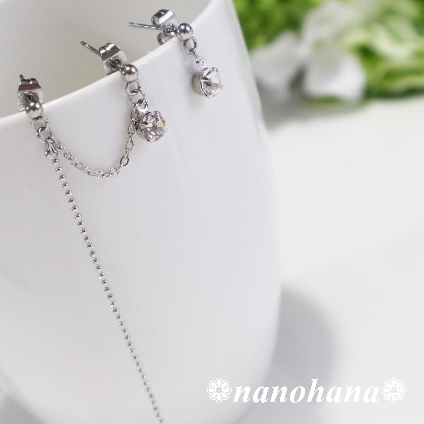 ボールチェーン&ラインストーン2連ピアス・シルバー 》014 ボールチェーン&ラインストーン2連ピアス・シルバー 》014