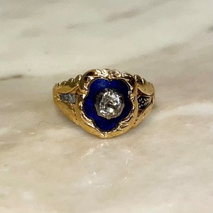 antique victorian 18ct gold blue emanel memorial ring set with old-cut diamond