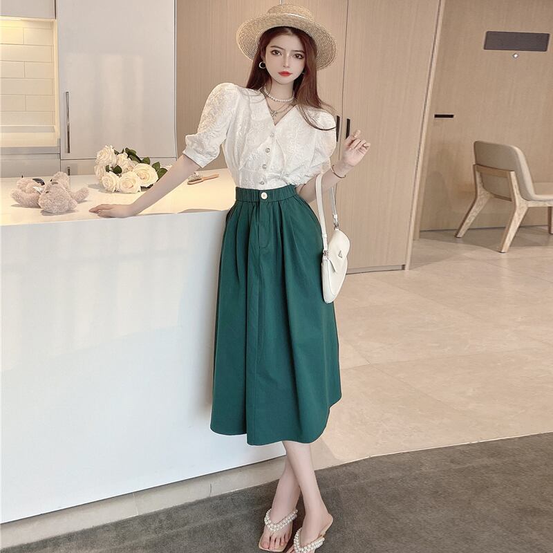 サマー刺繍レースシャツ ハイウェストウェストAラインスカート 夏物 ハンチェンe10533942411