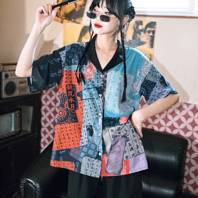 ゴスロリ通販 With U チャイナ風 ゴシック 古怪舎 鏡花水月 チャイナ風 半袖シャツ 経典 プリント柄 大人 暗黒 高見え きれいめ 原宿ファッション 病み可愛い