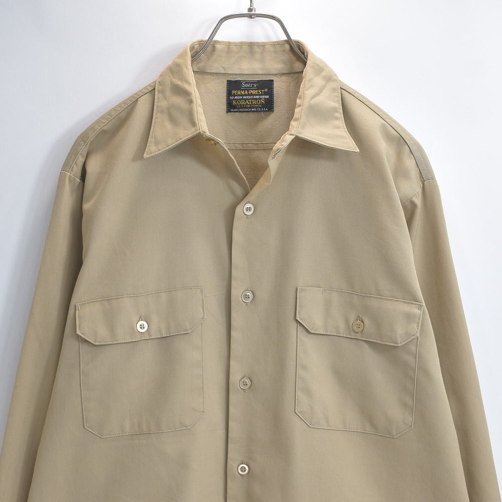 ~70s Sears シアーズ PERMA-PREST フラップポケット ワークシャツ ベージュ ブランクシャツ ヴィンテージ ビンテージ USA アメリカ古着 メンズL~相当