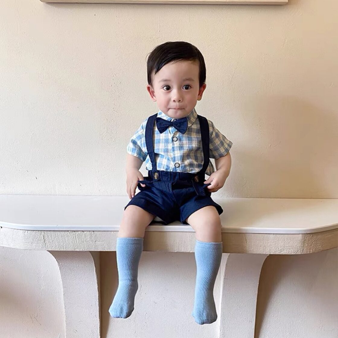 ベビーキッズ男の子半袖フォーマルセットアップ ブルーギンガム 