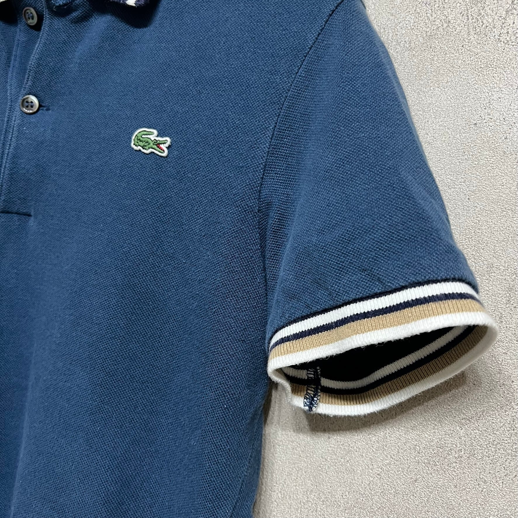 LACOSTE ストライプリブポロシャツ 半袖 ネイビー コットン ラコステ