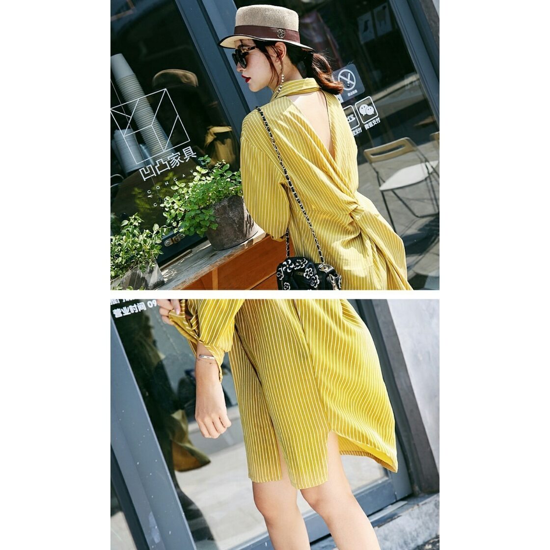 フレッシュな色気/背中の開いた黄色ストライプシャツワンピース | Pay ID 
