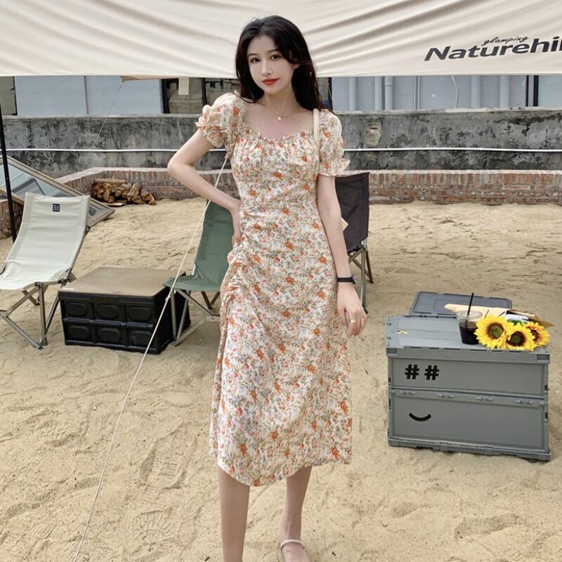 サマードレス フローラルスリーブスカート 大人ガーリー スウィート キュート カジュアル 夏物 花柄 スクウェア 1号婦人19908033321