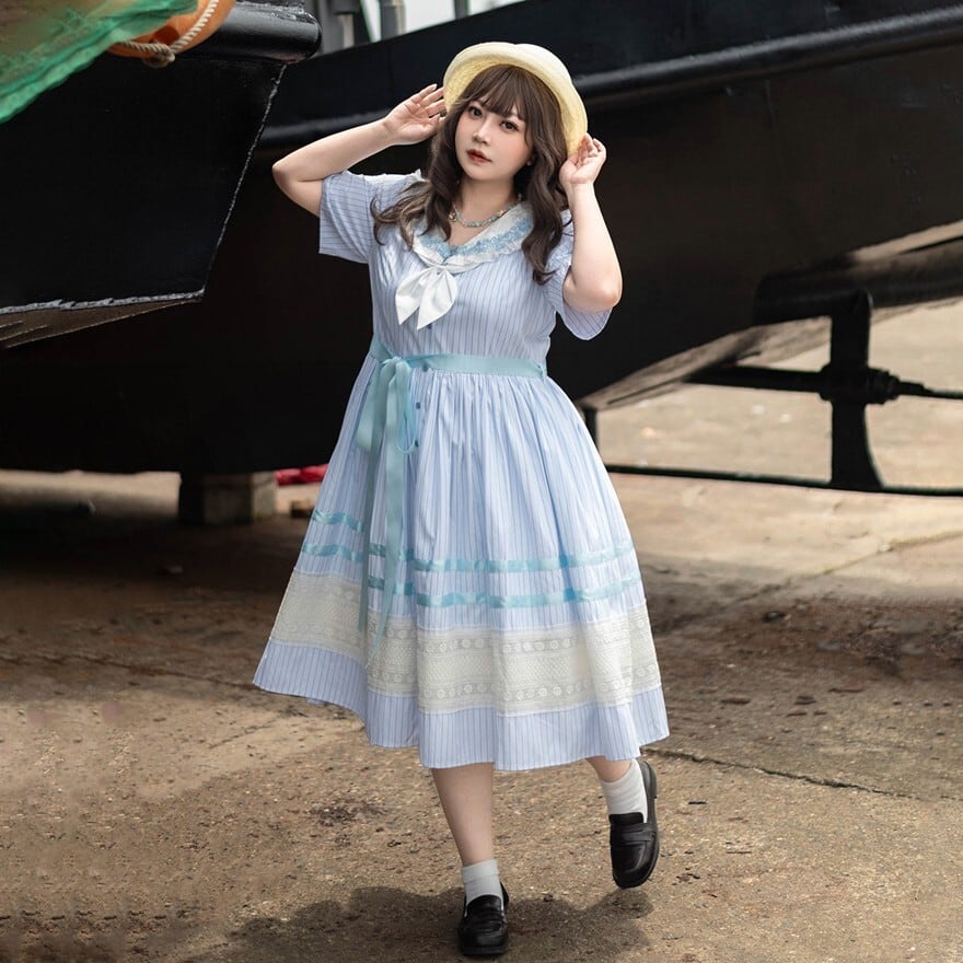 クラロリ｜セーラー風半袖フレアワンピース（ネイビー・ライトブルー