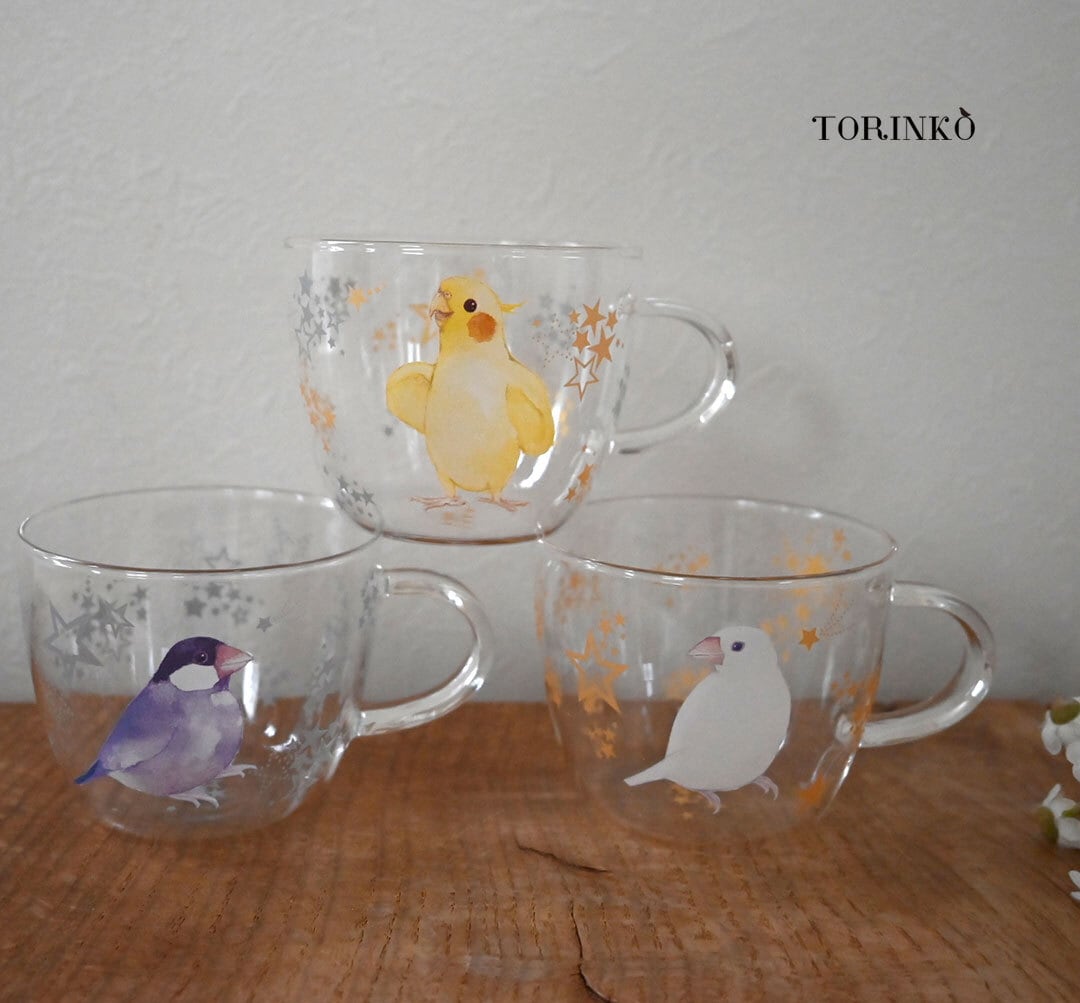 鳥の耐熱ガラス マグカップ（36羽の中からお好きなインコを選べます