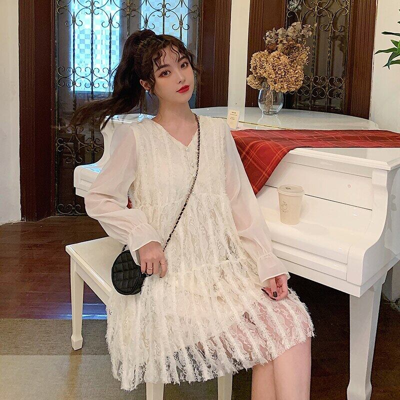 【新作】【送料無料】 マタニティ服Vネックレースジャカードルーズスタイリッシュな妊娠中のドレス服妊娠中の女性のボトムママのドレス AL expec320716050523