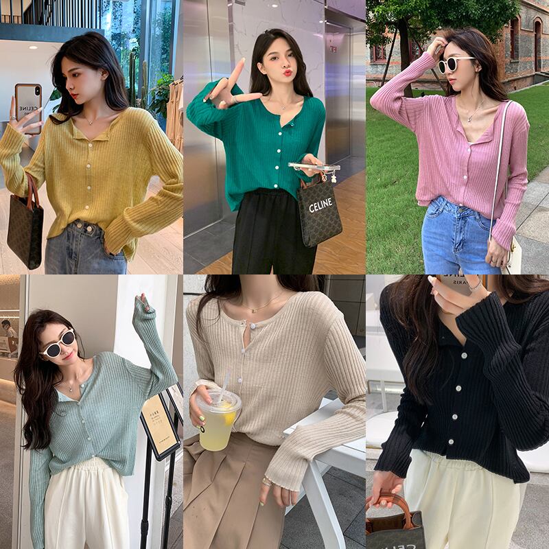 オータムニットトップス ラウンドネックルーズカーディガン薄手 秋物 Oネック 6Du_Shop_Women41483870771