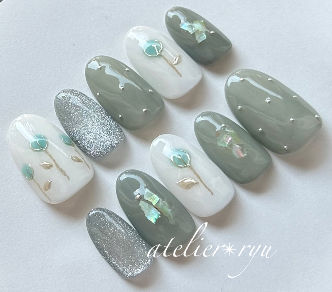 ネイルチップ #02 ブルーグレー マーブル ぷっくりフラワーネイル ネイルチップ #02 ブルーグレー マーブル ぷっくりフラワー