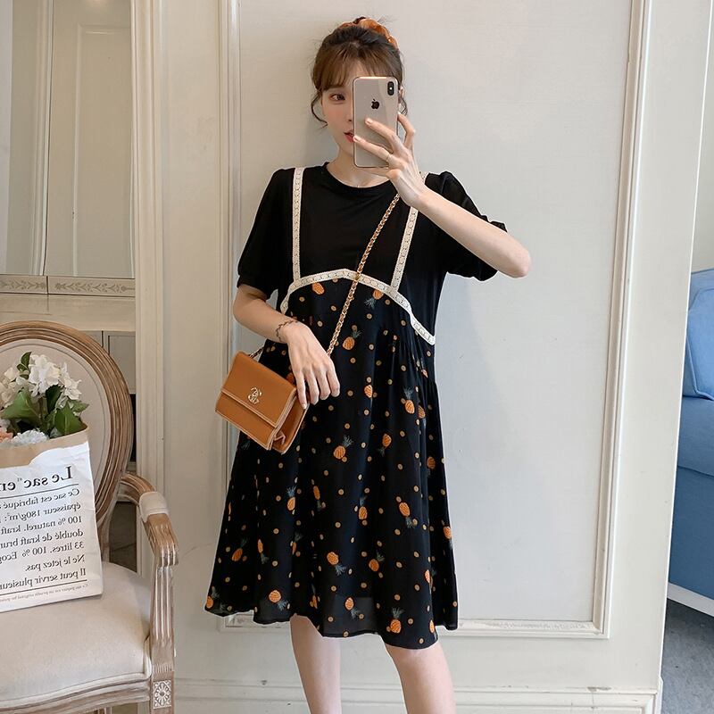 【新作】【送料無料】 マタニティウェア2020夏の新しいシフォンパイナップルフラワーフェイクツーピースドレス、年齢を減らすミドル丈のマタニティドレス-アリババ サマー 夏物 フラワーデザイン expec290453277791