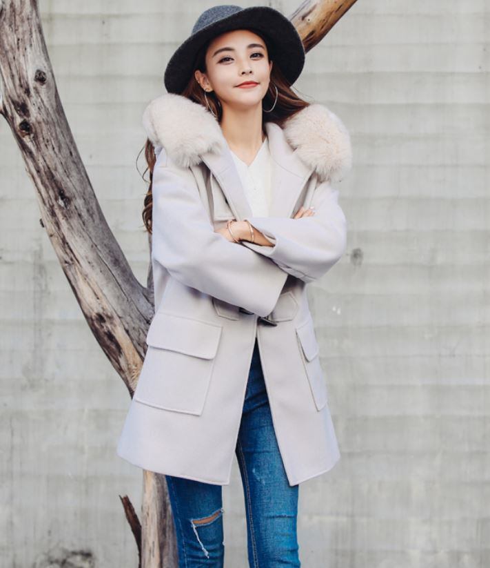 NEW 秋冬 コート ダッフルコート ミドル丈 ファー フード付 お洒落