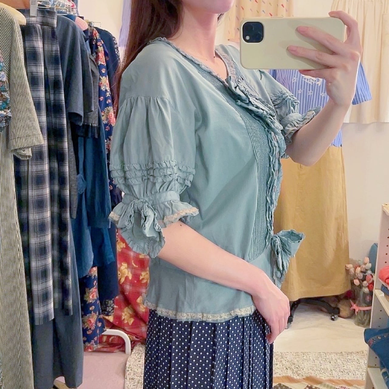 PINKHOUSE / bluegreen frill ribbon blouse