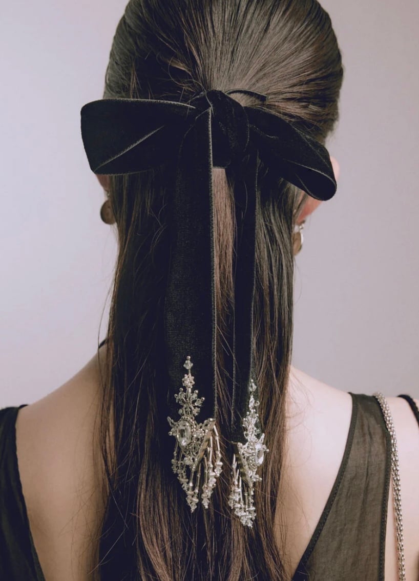 tanaka daisuke crystal silver tip velvet long ribbon | AAR