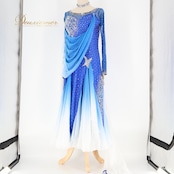 社交ダンス 衣装 スタンダード ドレス スタンダードドレス ワンピース フロート レース 青 白 上品 綺麗 高級感 デモ 競技 ダンス パーティ 発表会 ホワイト系 ブルー系 グラデーション スカート 大人用 エレガント シンプル おしゃれ パーティー用 フォーマル レディース