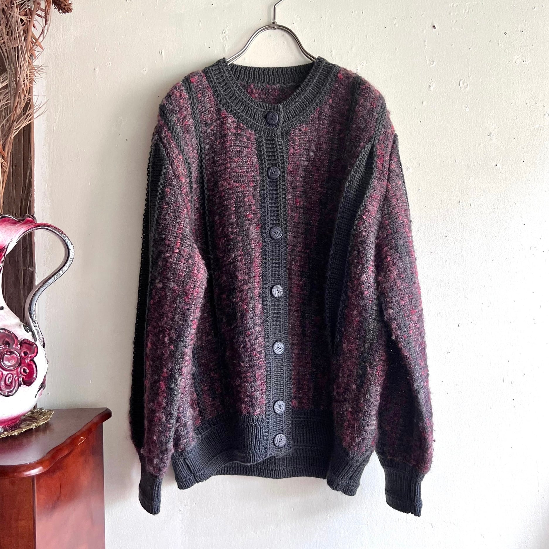 vintage knit cardigan / グレーとローズカラーのデザインニットカーディガン