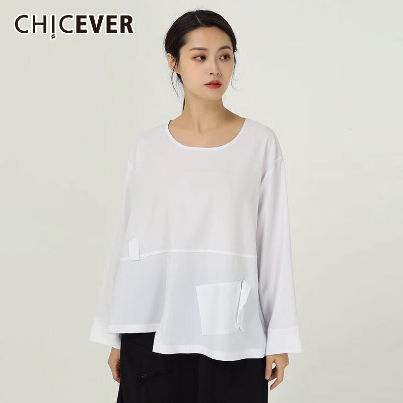 CHICEVER非対称Tシャツ女性Oネック長袖パッチワークポケット特大ルーズシャツ2020服 ロング 6base531085305880