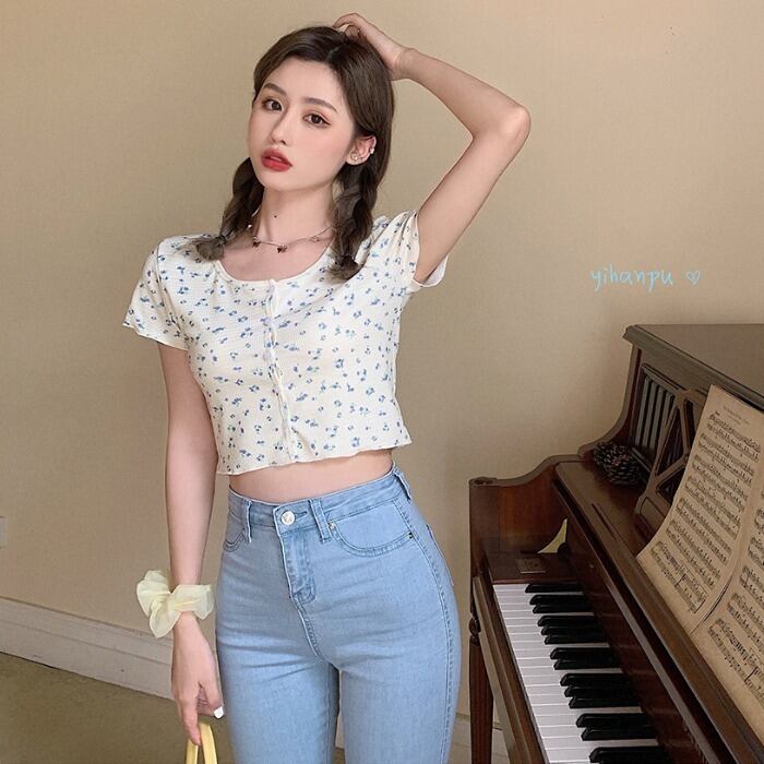 サマースタイルスリムフローラルレッドショートTシャツ シャツ ハイウェストトップス 夏物 花柄 ドラファッションホール50579061374