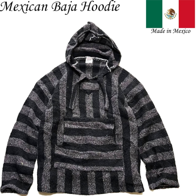 1点物◇黒メキシカンパーカー本場ストライプ柄ジャケット古着メンズL 