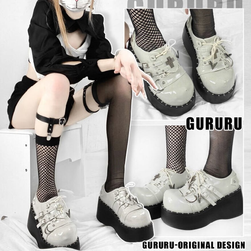 ゴスロリ 厚底シューズ クロス×ベルト×7cmヒール PUレザー｜WithU