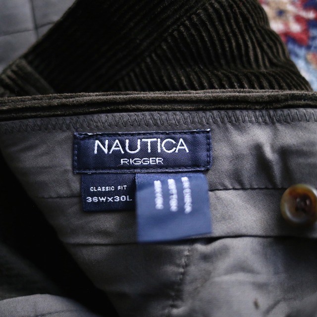 "NAUTICA" 2-tuck tapered silhouette deep moss green wide corduroy pants