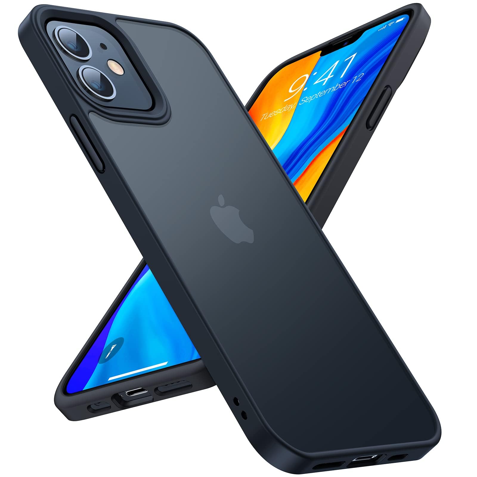 【衝撃分散構造 耐久性】 TORRAS iPhone 12 用 ケース iPhone 12 Pro 用 ケース 半透明 衝撃吸収 マット感 ストラップホール付き ボタン付属 黄ばみなし レンズ保護 6.1インチ アイフォン12 用 12 Pro用カバー ブラック「Guardian Series」