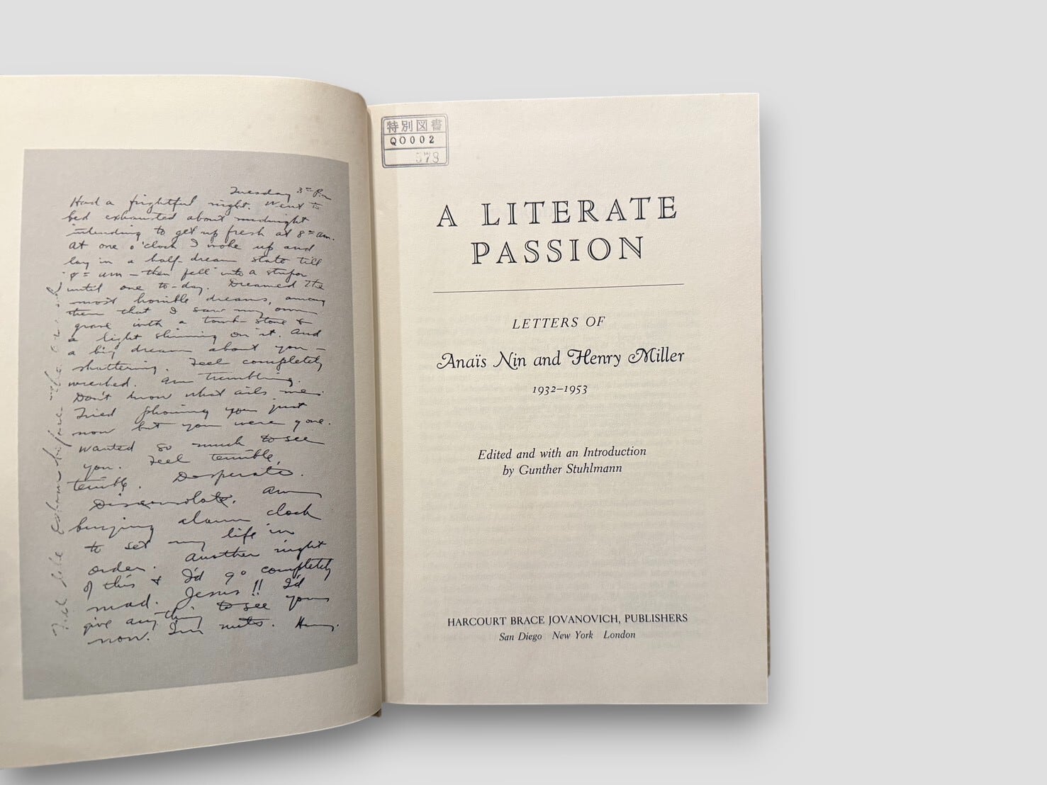 SL1061】【FIREST EDITION】A Literate Passion: Letters of Anais Nin