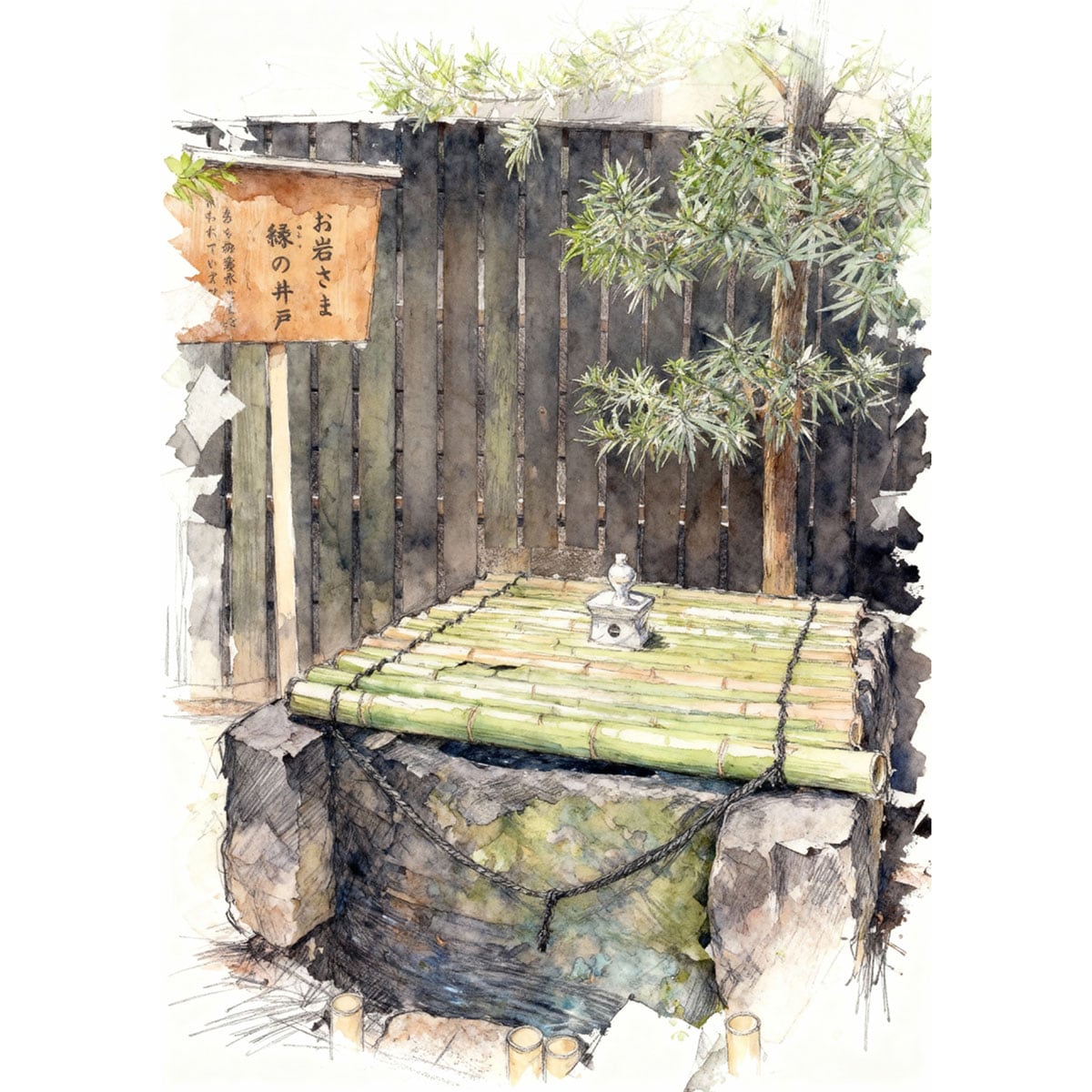 絵画 日本 東京都 於岩稲荷 陽運寺 お岩様縁の井戸 風景画 インテリアアート額付き 水彩画・油絵風 WAT0141