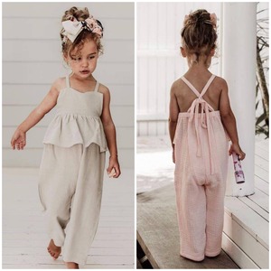 サロペット オールインワン ノースリーブ パンツ ズボン ロング丈 女の子 子供服 子供 キッズ 女児 人気 おすすめ かわいい おしゃれ リネン コットン 綿 ぺプラム フリル 韓国 韓国子供服 海外子供服 インポート プレゼント 贈り物  ギフト 春 夏 秋 80 90 100 110 120 1歳 2歳 3歳 4歳 5歳 6歳