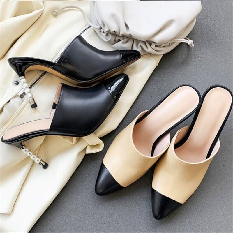 【新作】【送料無料】 奇妙な先のとがった女性のかかと黒白いかかと夏の女性のパーティースリッパ ホワイト ブラック ヒール 靴 シューズ ミュール サマー 夏物 10b352702210642