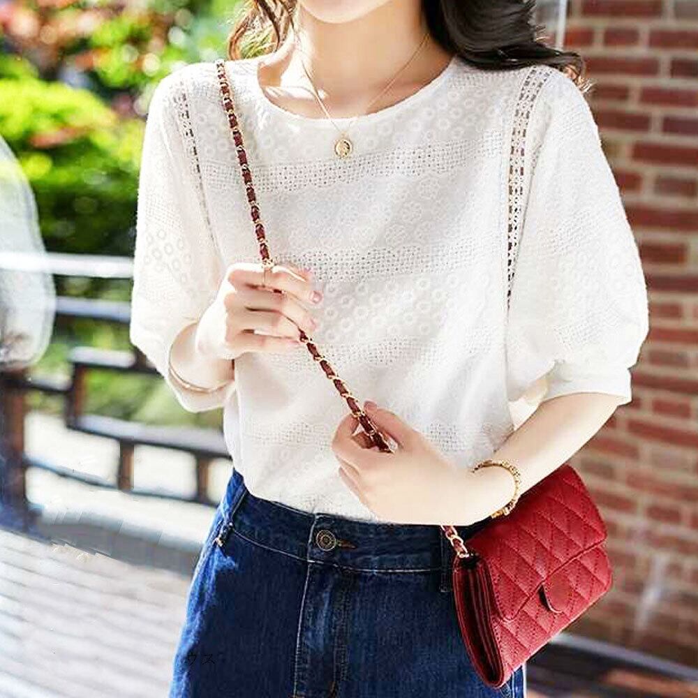 レース ブラウス レディース 春夏秋 韓国 パフスリーブ トップス 大人 かわいい きれいめ おしゃれ 花柄 刺繍 ホワイト 白 大人可愛い 大人女子