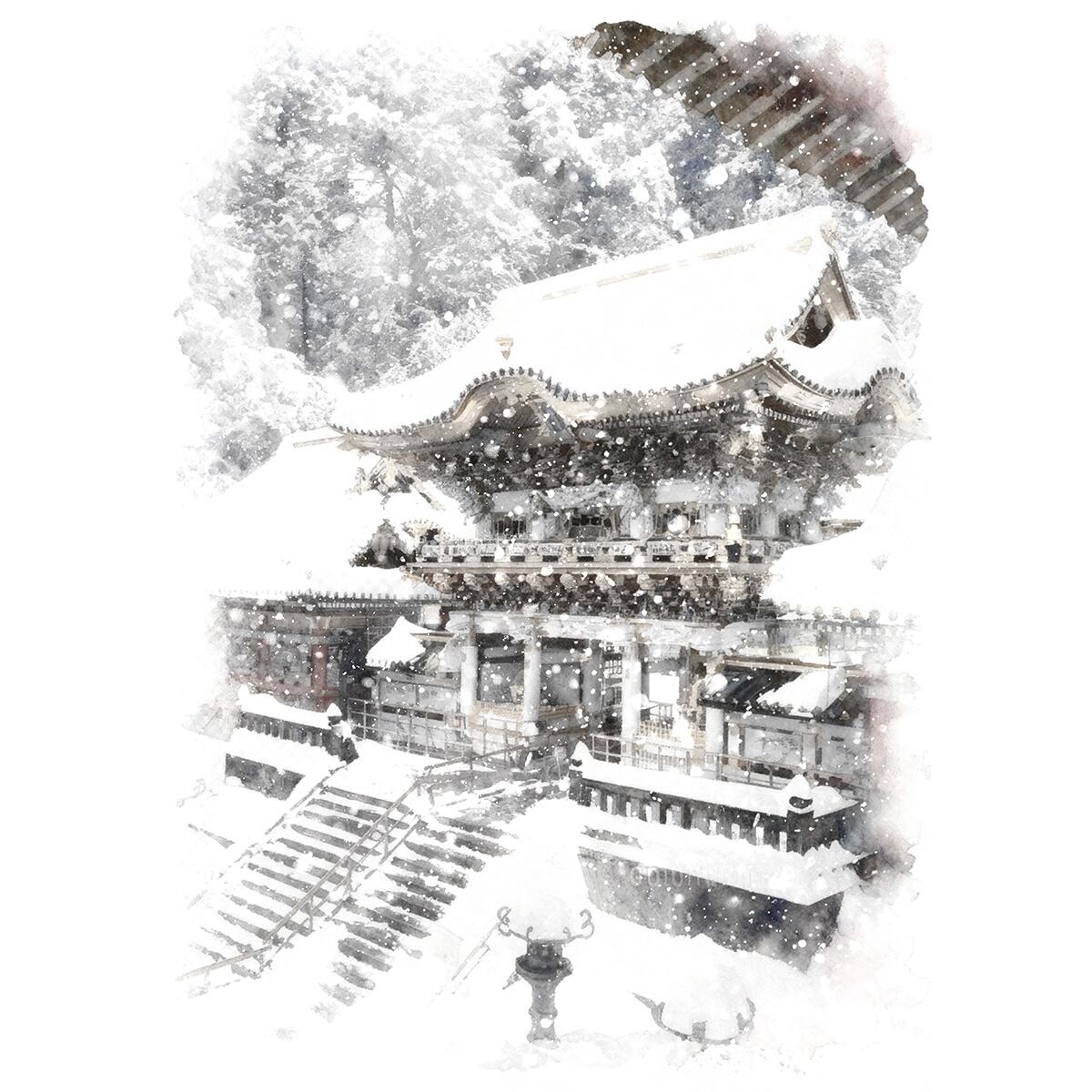 絵画 風景画 日本の 冬 栃木県 日光 雪の日光東照宮 インテリアアート額付き 水彩画風 WAT1722