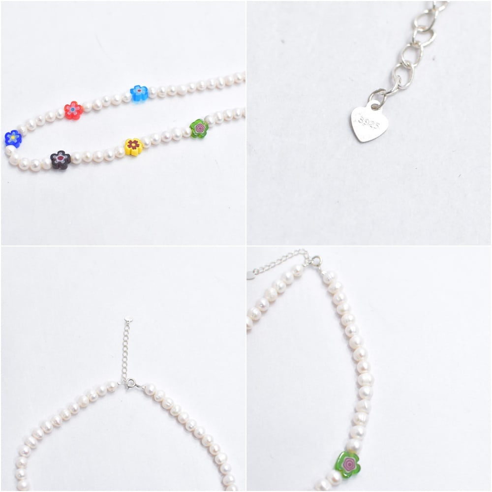 フラワーモチーフ デザイン ランダムパール ビーズ ネックレス