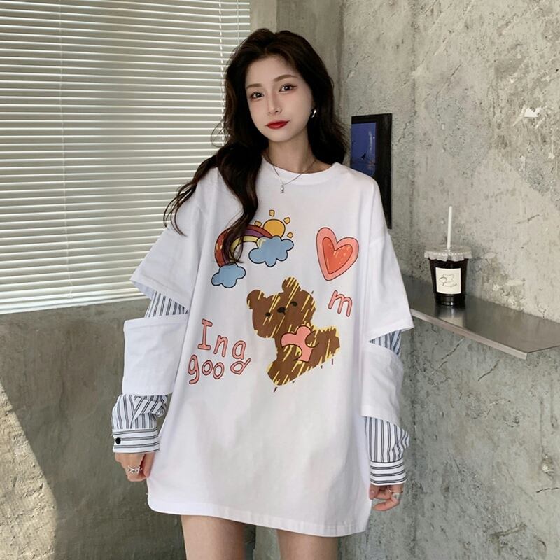 ホワイトルーズTシャツ スプリングオータム ロング 春物 秋物 試着室17717688798