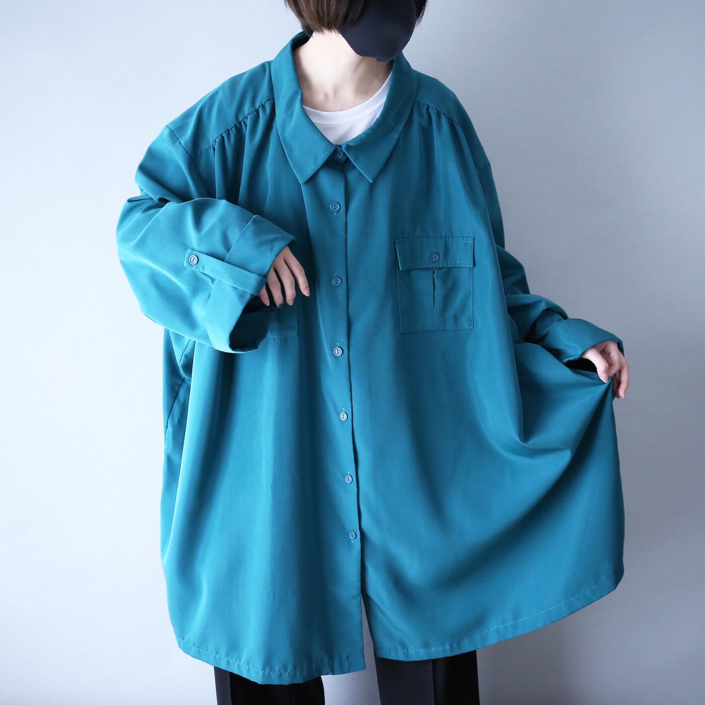 turquoise blue shoulder tuck design super over silhouette h/s shirt