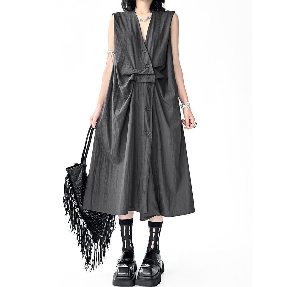 PLEATED SLEEVELESS LAYERED LONG SHIRT DRESS M-17165